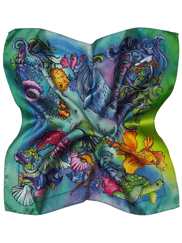 AD5-009 Apaszka jedwabna, satynowa mat-b�ysk, motyw morski, 53x53 cm